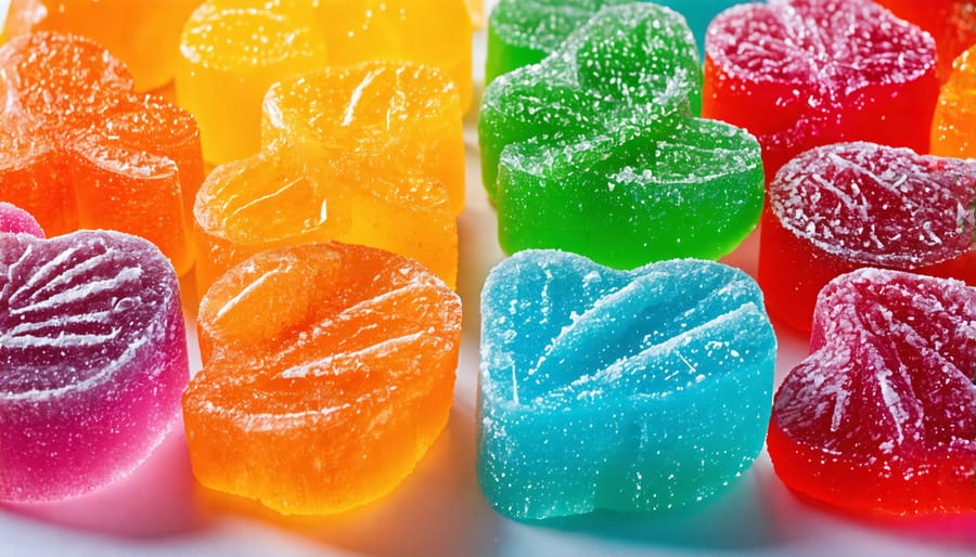 Colorful THC gummies on display