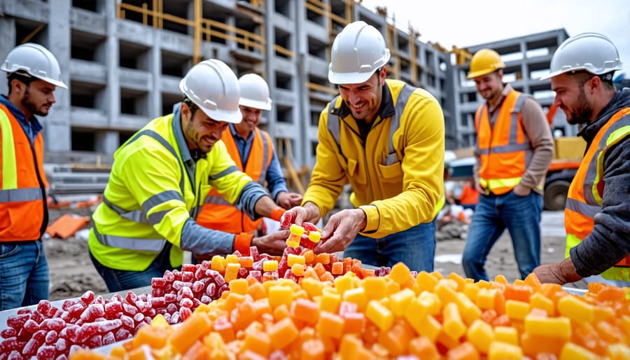 Construction workers at a job site enjoying a variety of freeze-dried candies during a break, depicting energy and camaraderie among the team.