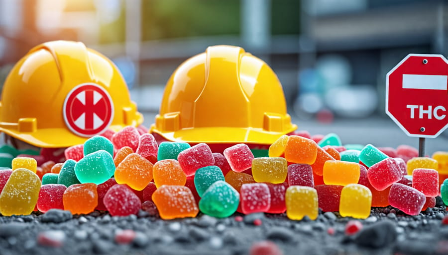 A conceptual image illustrating the intersection of construction safety and THC gummies, featuring construction workers, safety signage, and colorful gummies.