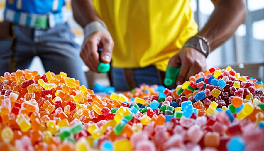 Construction workers sitting together, savoring various freeze-dried candy options during a break on a construction site