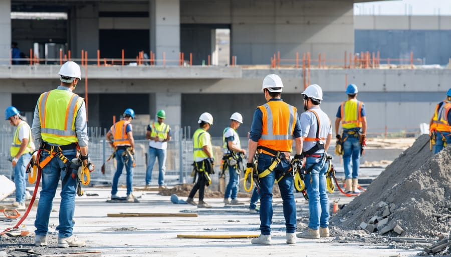 Construction workers engaged in a project using THCA safety equipment like helmets and harnesses