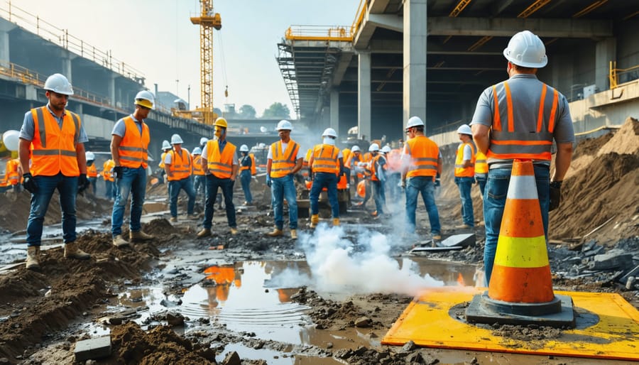 A construction site showcasing a "No Vaping" sign, with workers wearing safety gear and a designated vaping area, emphasizing the emphasis on safety and proper regulations.