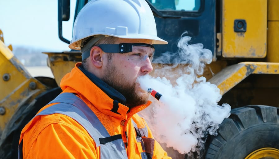 A construction worker in a safety helmet and vest takes a break to vape on site