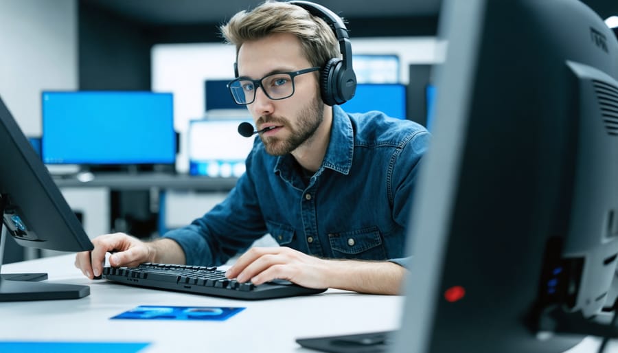 Technician offering round-the-clock support service to contractors in a call center