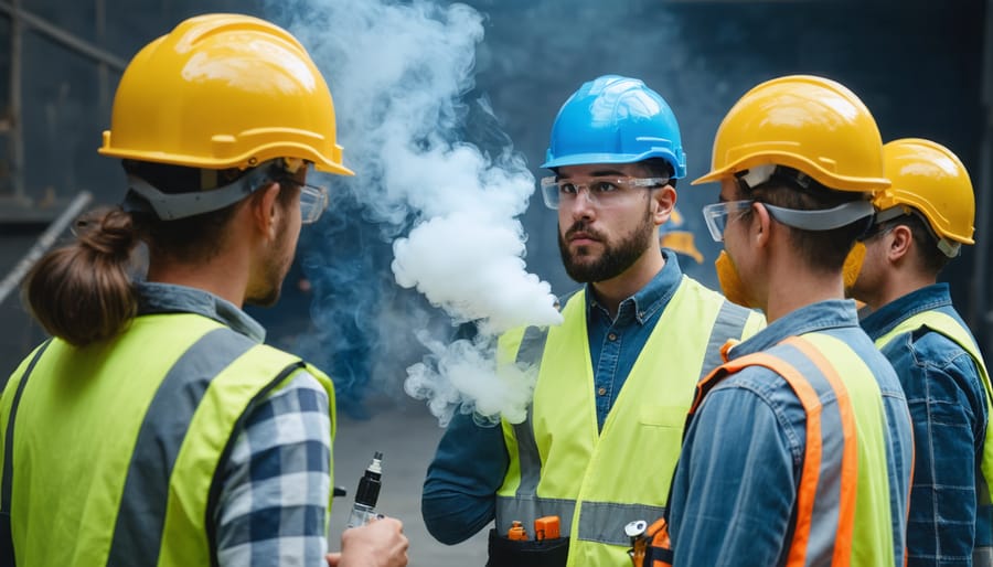 Group of construction workers attending a safety training session on vaping policies