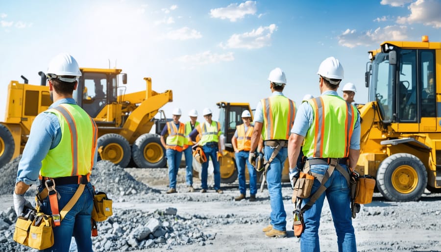 A dynamic construction site scene where workers are actively using various THCA safety equipment, including helmets and harnesses, highlighting the importance of safety compliance and modern tool rental.